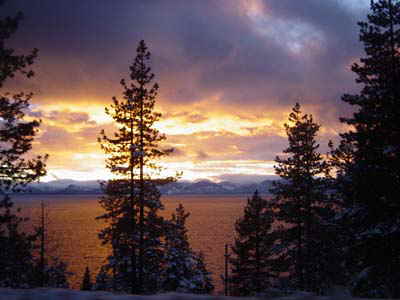 One of breath taking views of Lake Tahoe , pictured here a winter sunset overlooking the lake.